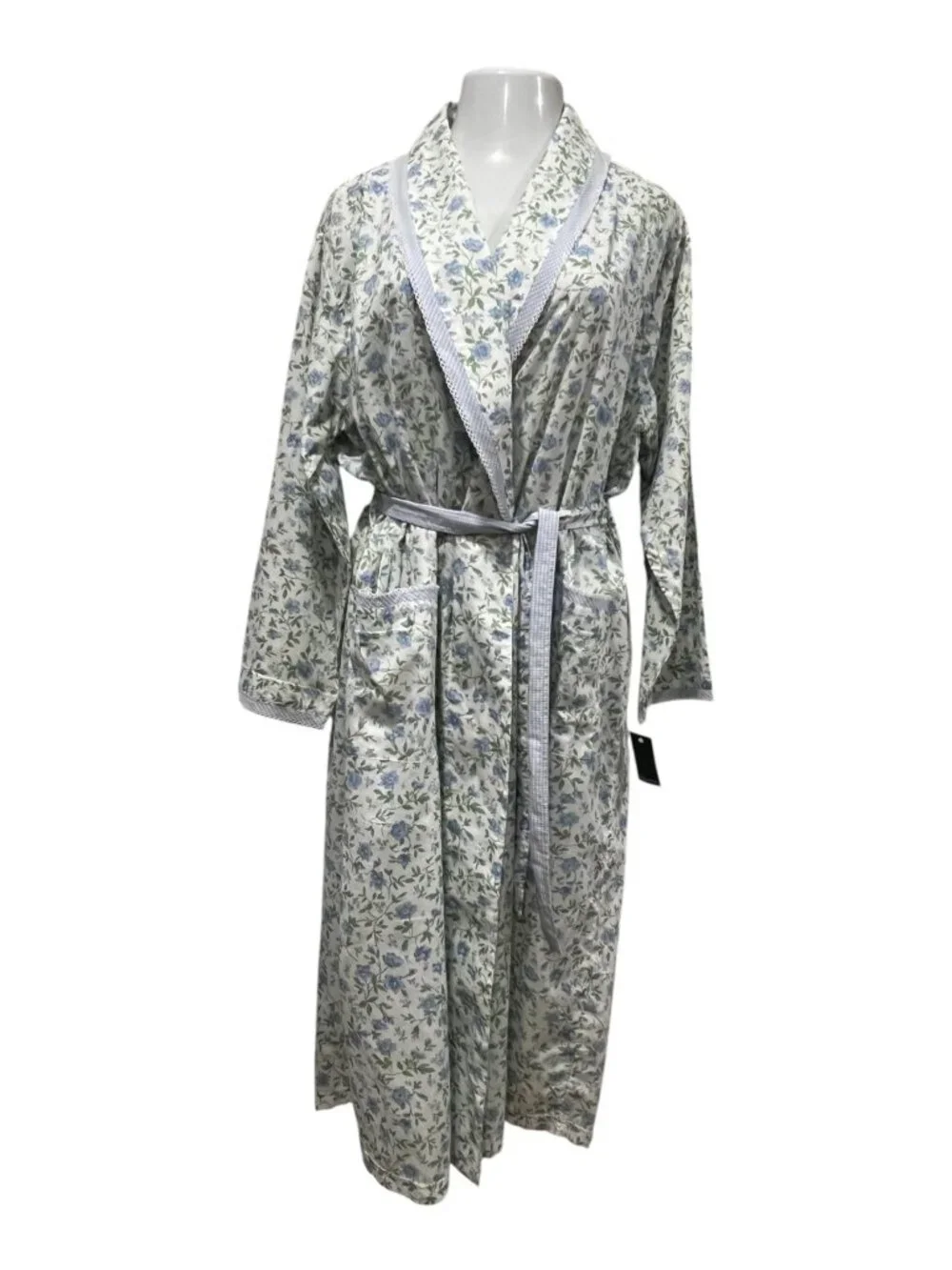 Laura Ashley Floral Cotton Midi Length Robe, NWT, White Blue, L